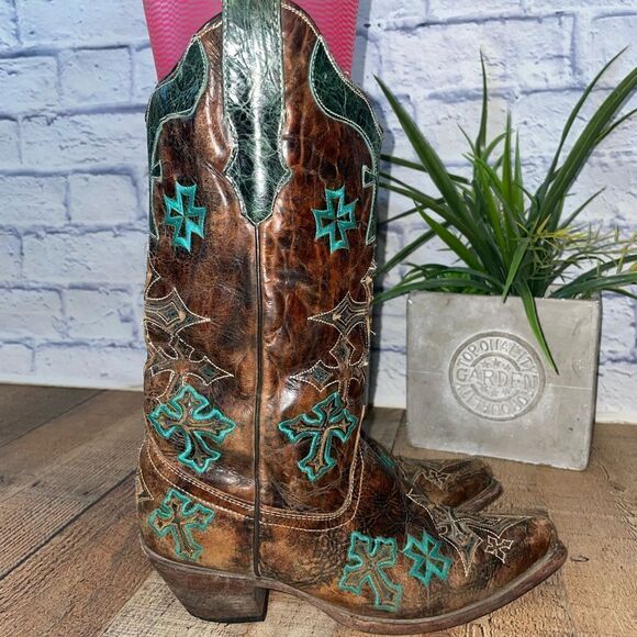 Corral Womens Whiskey Turquoise Blue Cross Brown Embroidered Western Boots - Picture 4 of 16